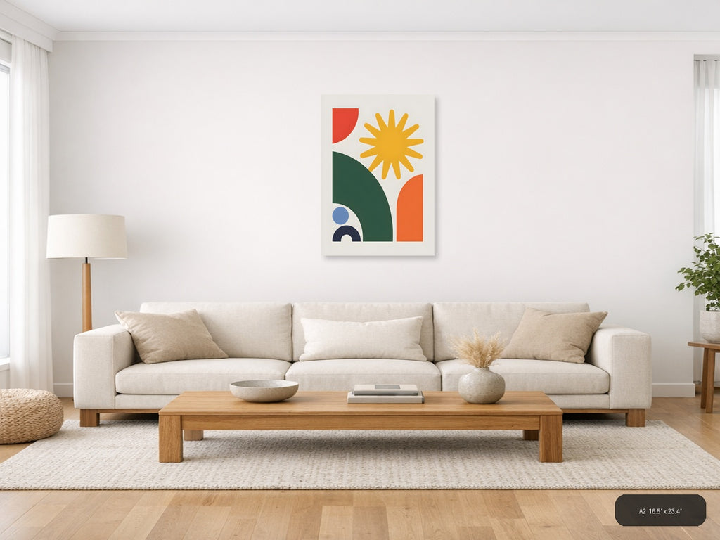 Minimalist Sun & Geometric Shapes Portrait Wall Art — A2 / Living Room