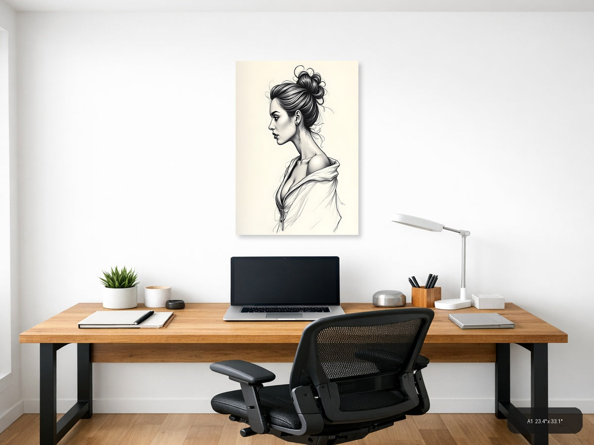 Elegant Woman Profile Line Art Portrait Wall Art — A1 / Office