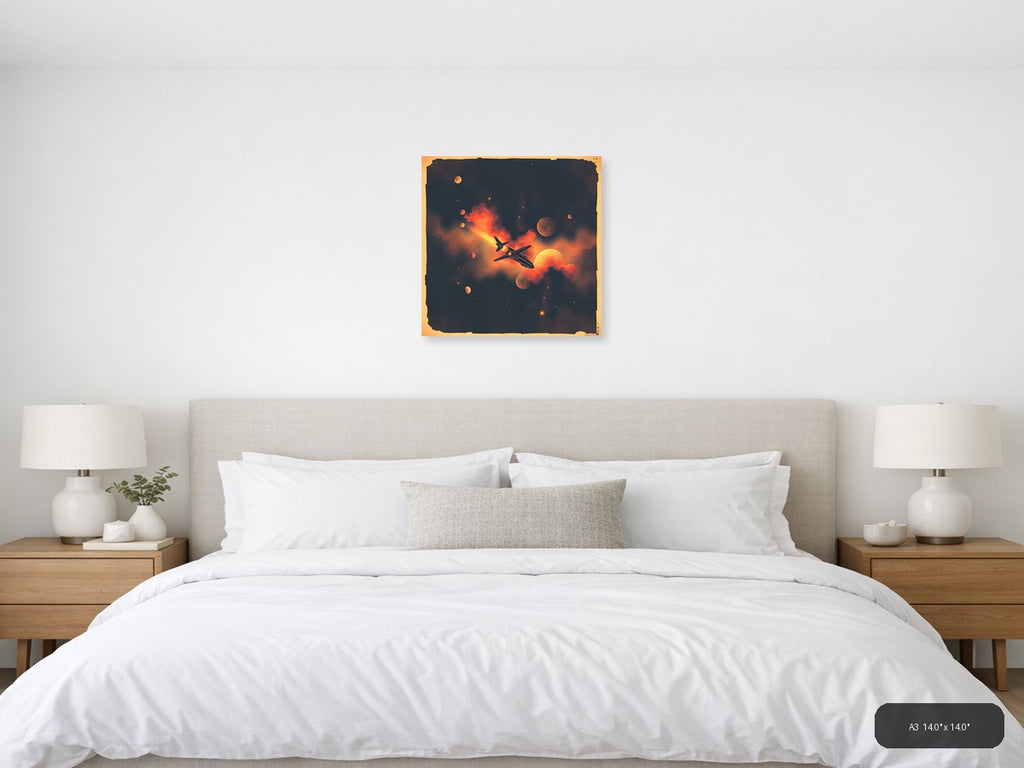Vintage Spaceship Flight Through Cosmic Fire Wall Art — A3 / Bedroom