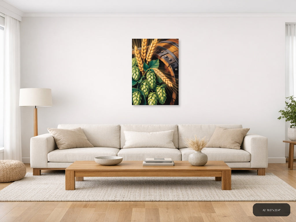 Beer Barrel & Hops Wheat Abstract Portrait Wall Art — A2 / Living Room