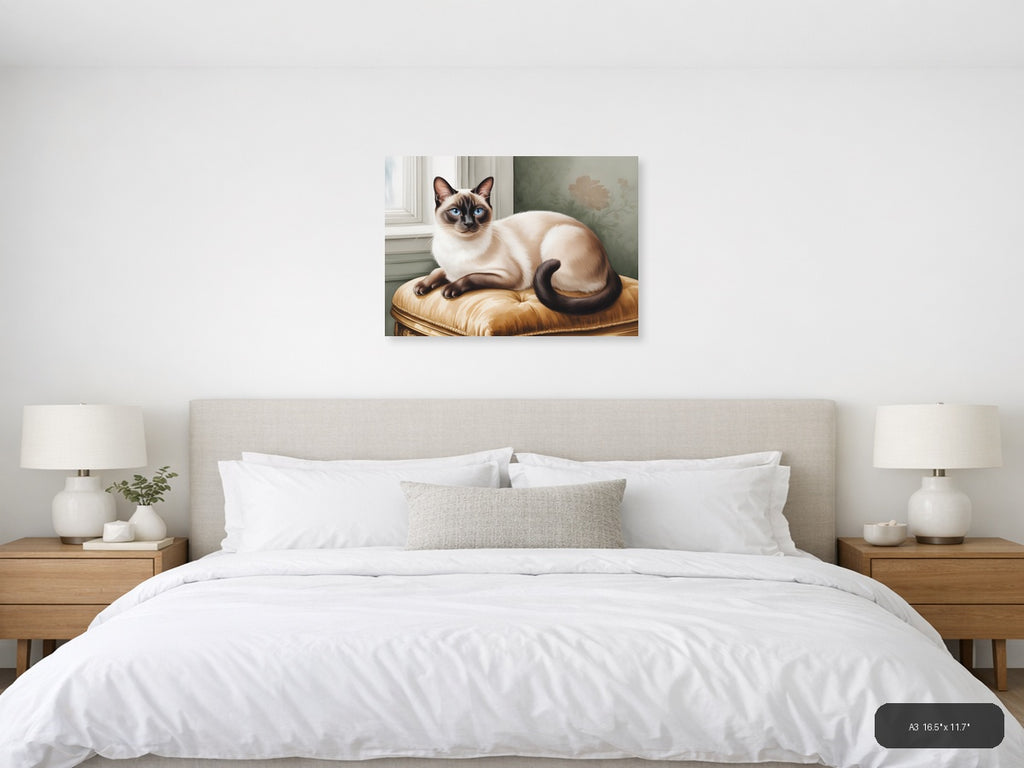 Siamese Cat on Gold Cushion Watercolor Wall Art — A3 / Bedroom