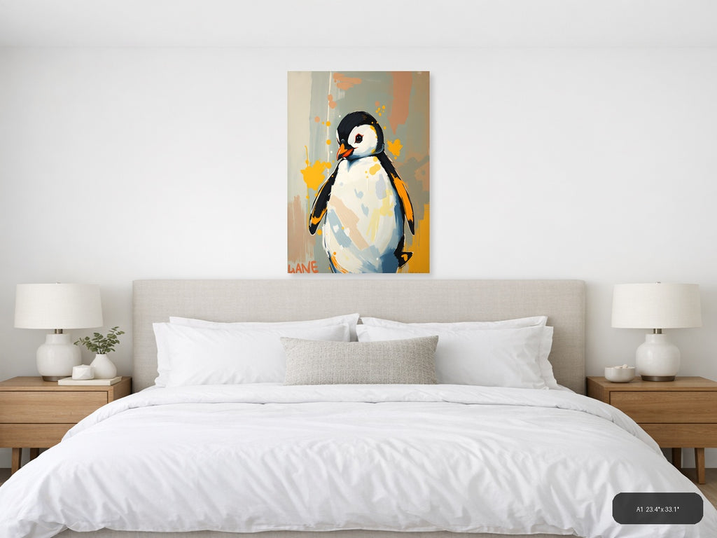 Abstract Penguin Portrait with Orange Splashes Wall Art — A1 / Bedroom