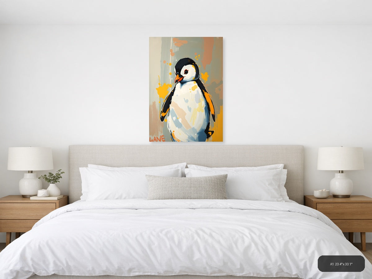 Abstract Penguin Portrait with Orange Splashes Wall Art — A1 / Bedroom