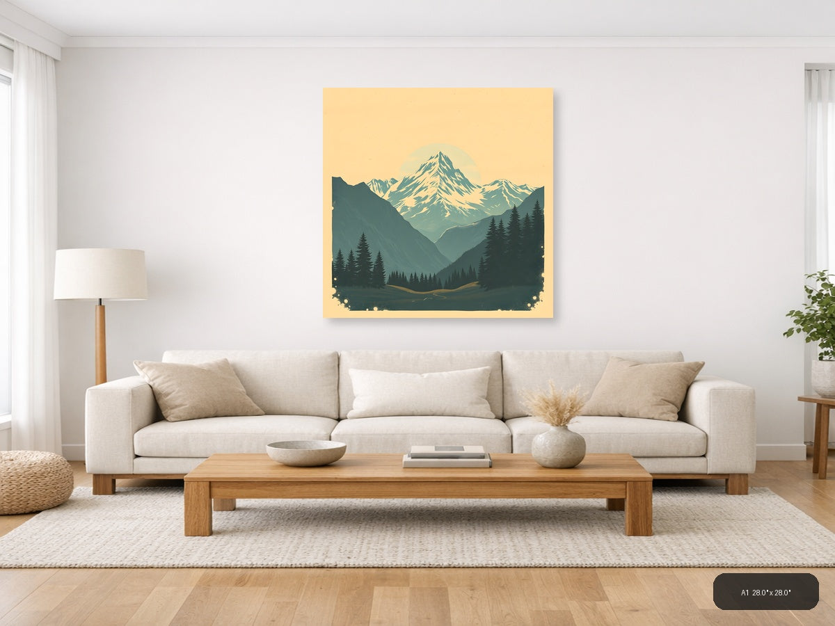 Vintage Mountain Valley with Snow Peak Wall Art — A1 / Living Room