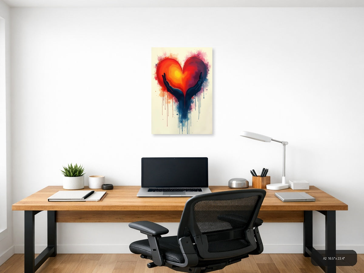 Hands Holding Glowing Heart Abstract Watercolor Wall Art — A2 / Office