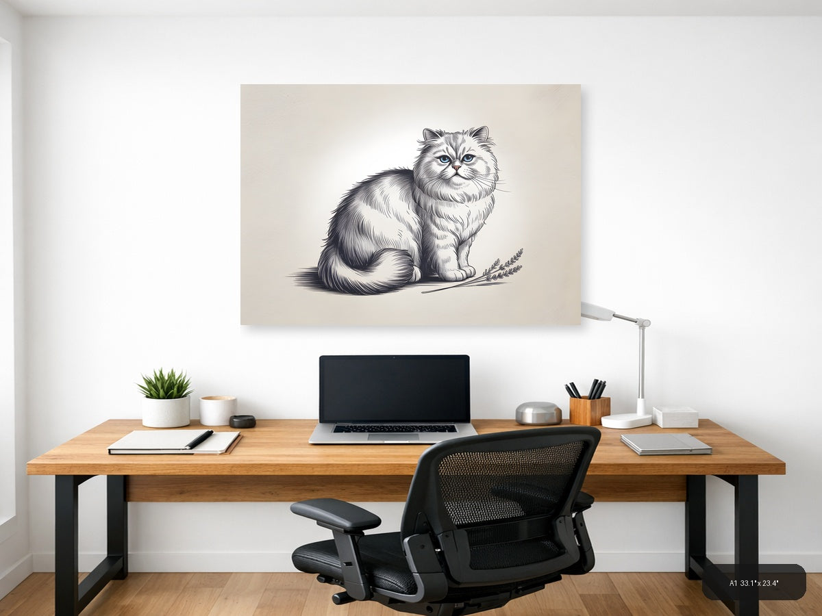 Fluffy Long-Haired Cat with Wheat Line Art Wall Art — A1 / Office