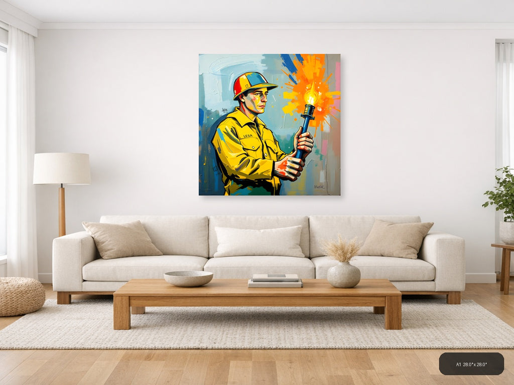 Firefighter with Torch Abstract Modern Wall Art — A1 / Living Room
