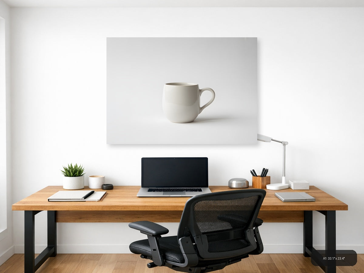 Minimalist White Ceramic Mug Still Life Wall Art — A1 / Office