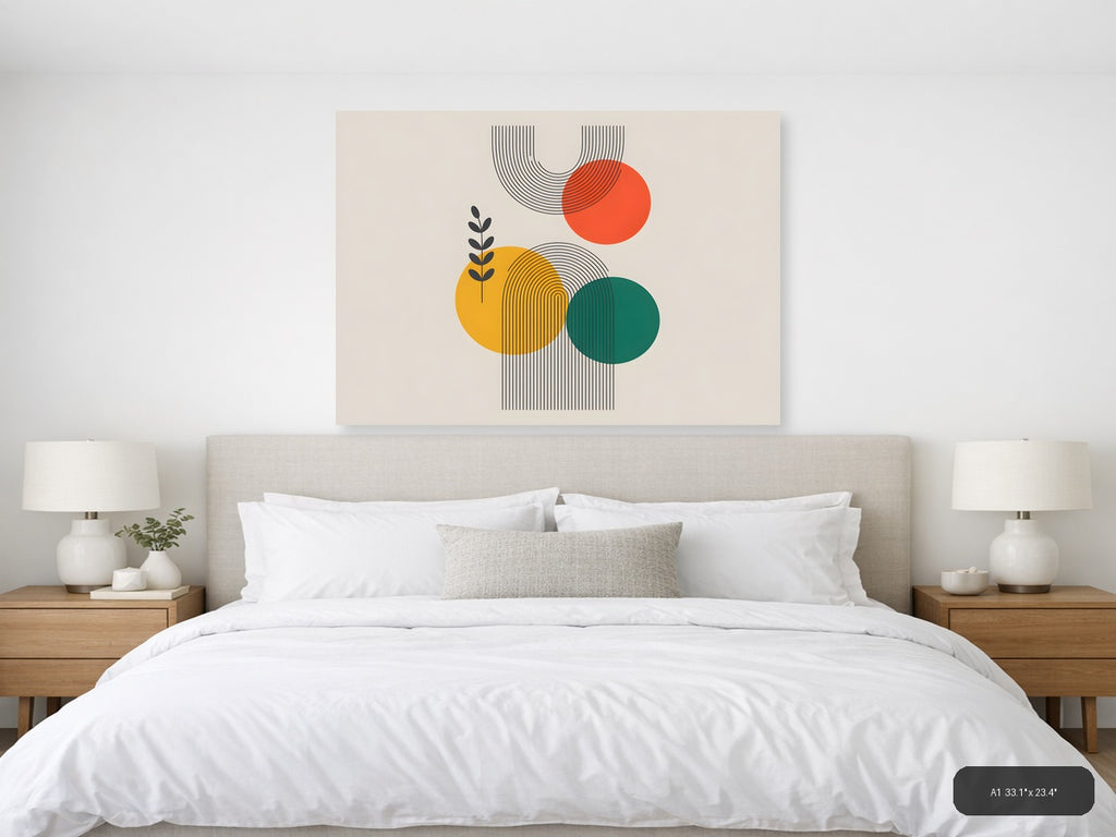 Abstract Line Art with Geometric Circles & Botanical Leaf Wall Art — A1 / Bedroom