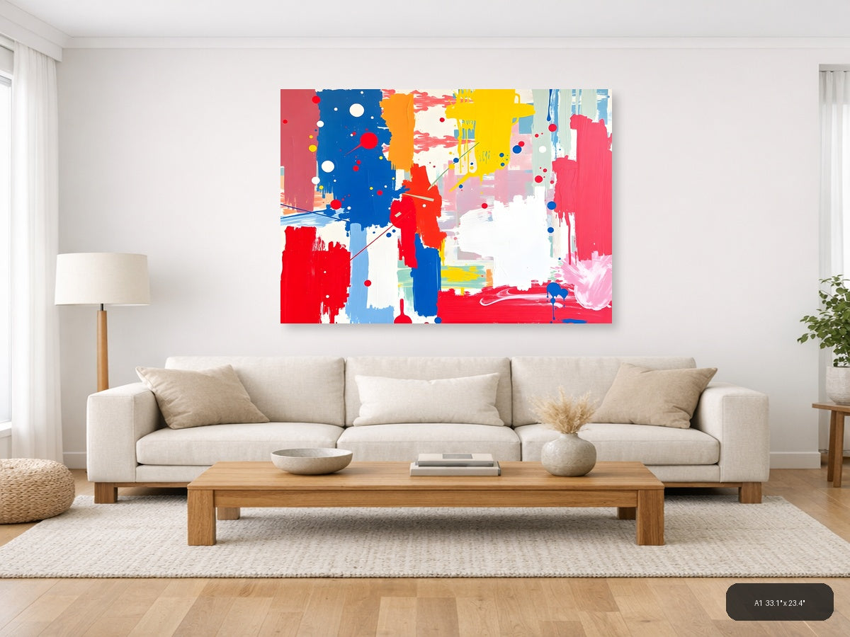 Vibrant Abstract Composition with Red, Blue & Yellow Wall Art — A1 / Living Room