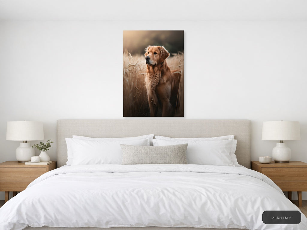 Golden Retriever in Wheat Field Photography Wall Art — A1 / Bedroom