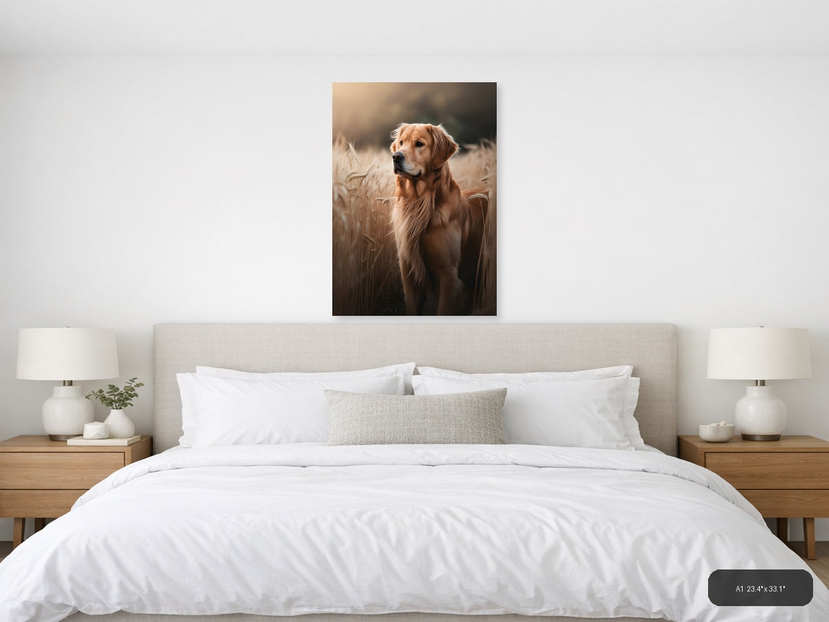 Golden Retriever in Wheat Field Photography Wall Art — A1 / Bedroom