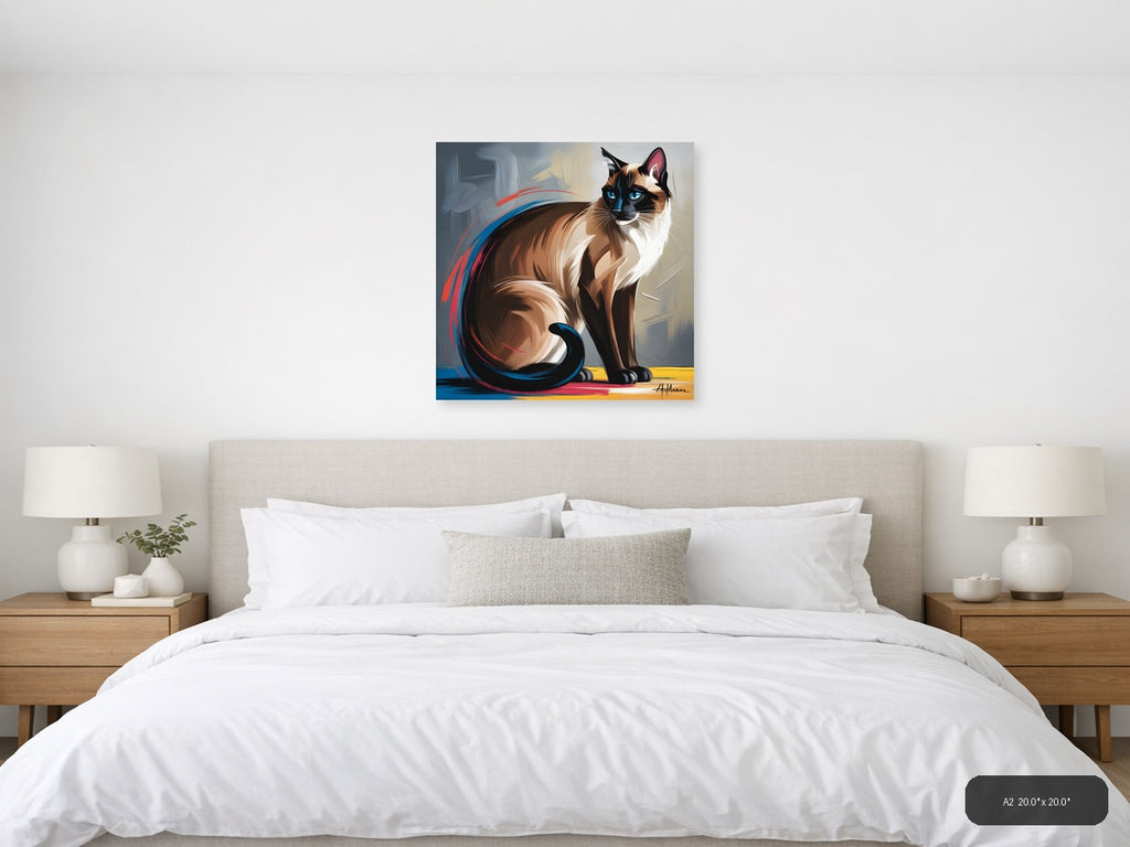 Siamese Cat Portrait Abstract Blue Eyes Wall Art — A2 / Bedroom