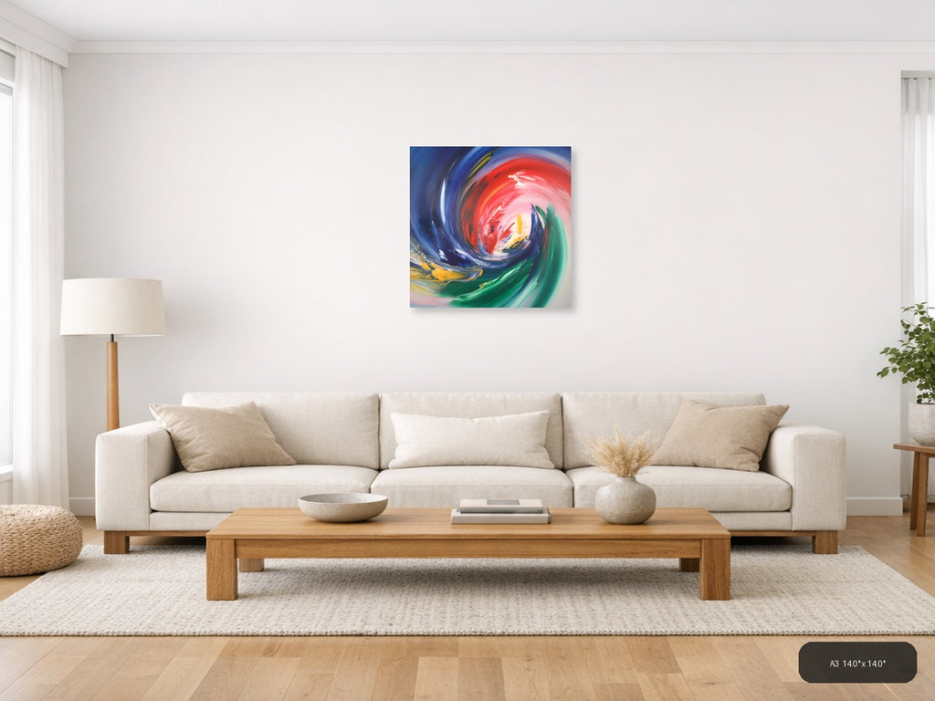 Vibrant Abstract Swirl Red Blue Green Yellow Wall Art — A3 / Living Room