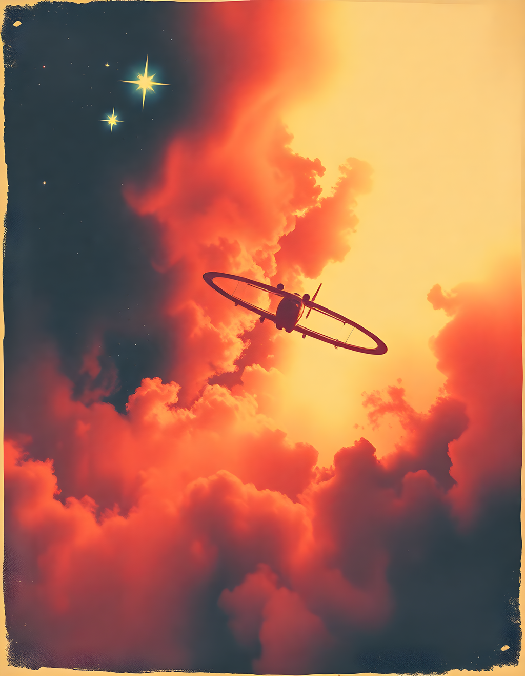 Vintage Spitfire Plane Sunset Clouds Wall Art