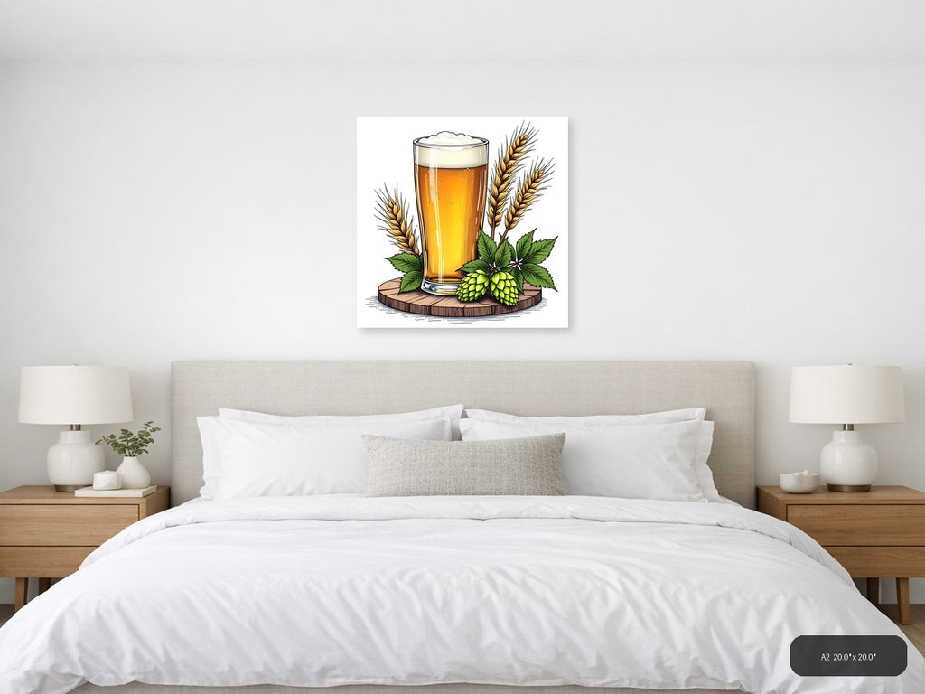 Beer Glass with Hops and Wheat Line Art Wall Art — A2 / Bedroom