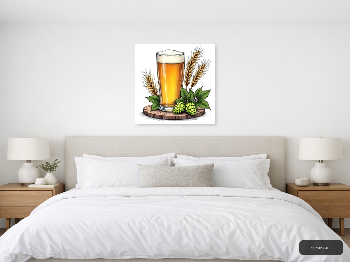 Beer Glass with Hops and Wheat Line Art Wall Art — A2 / Bedroom