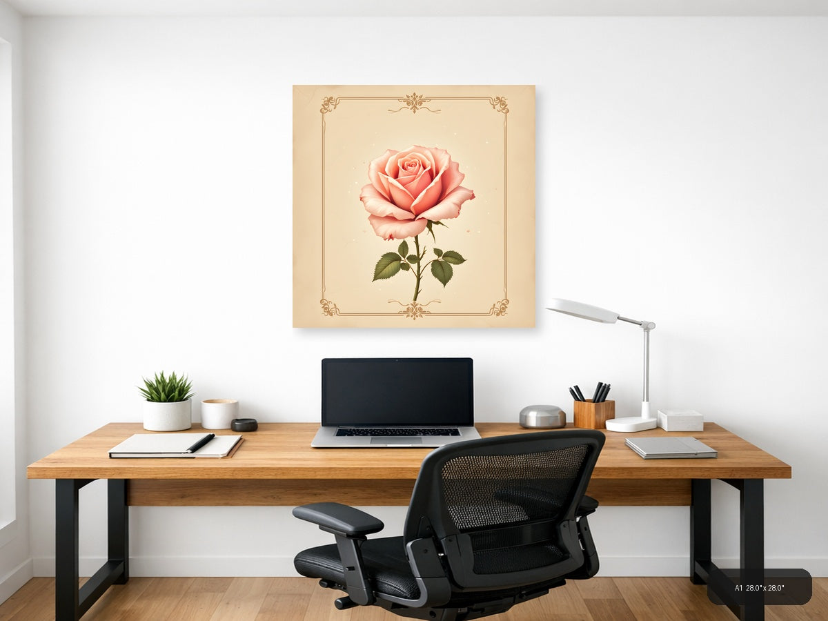 Vintage Coral Rose Botanical Illustration Wall Art — A1 / Office