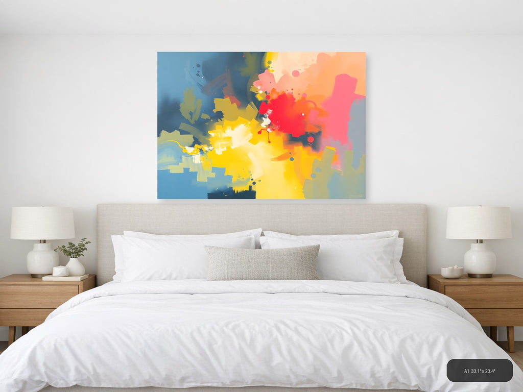 Vibrant Abstract Splatter Yellow Red Pink Blue Wall Art — A1 / Bedroom