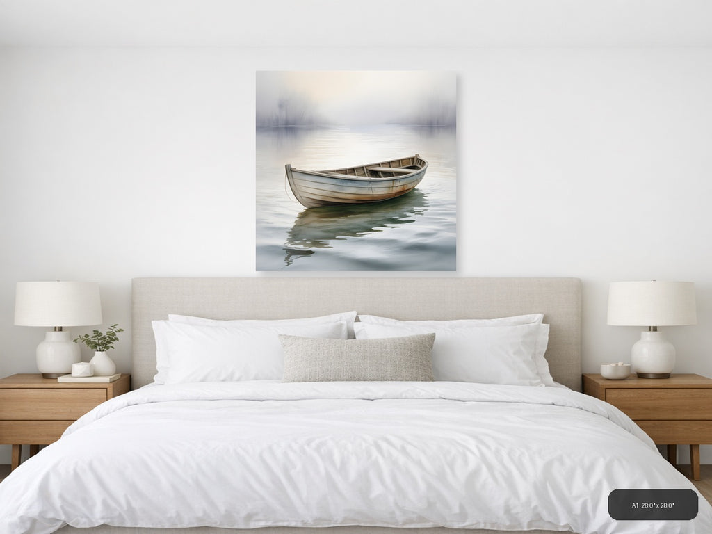 Misty Boat Reflection Watercolor Wall Art — A1 / Bedroom