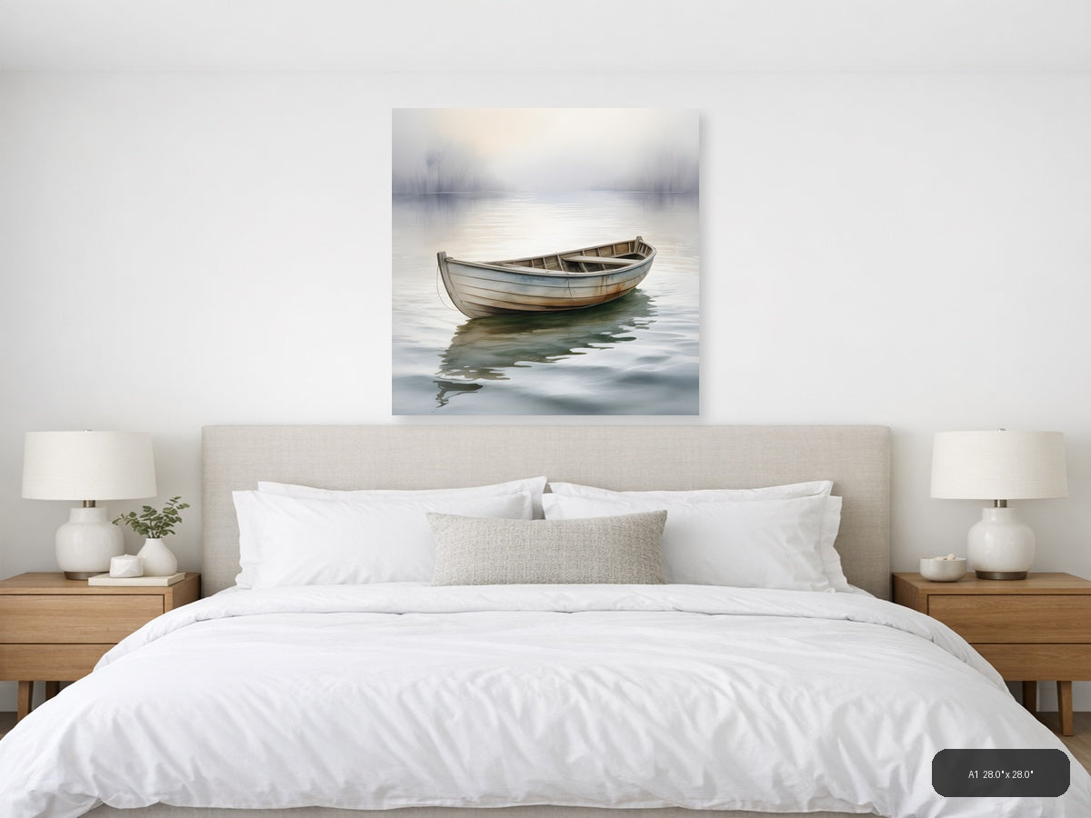 Misty Boat Reflection Watercolor Wall Art — A1 / Bedroom