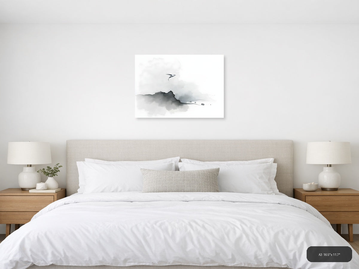 Minimalist Bird Over Mountain Mist Watercolor Wall Art — A3 / Bedroom