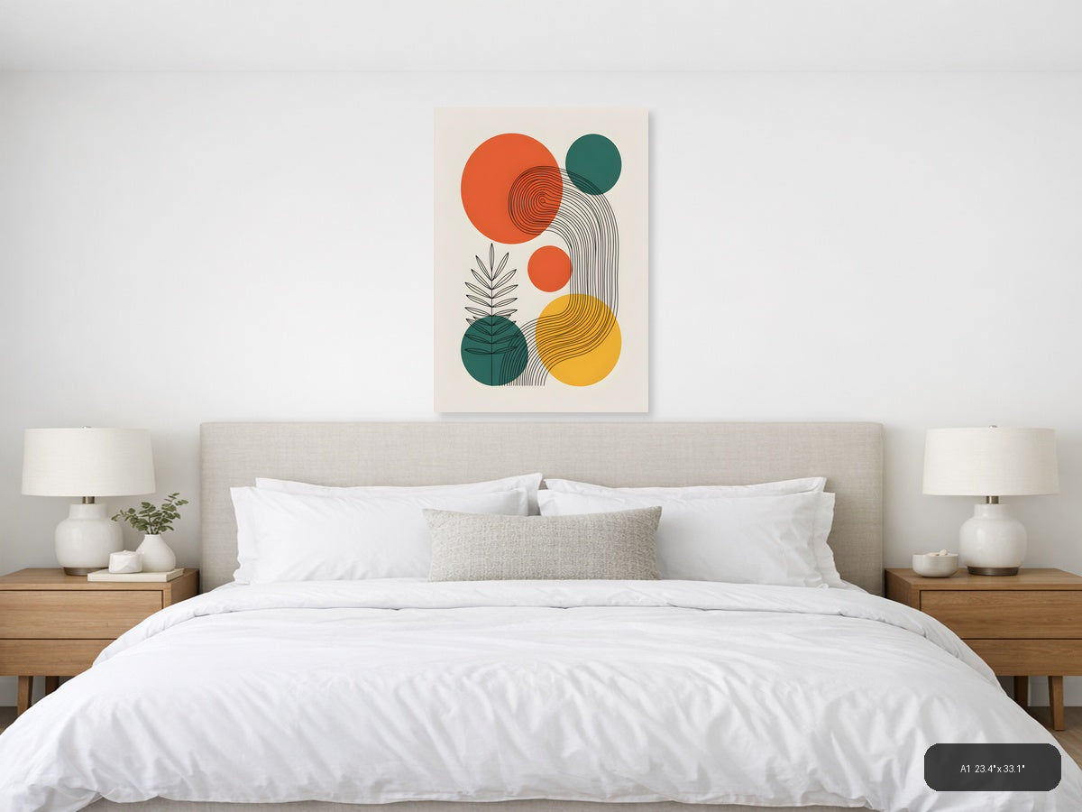 Abstract Line Art with Geometric Circles and Plants Wall Art — A1 / Bedroom