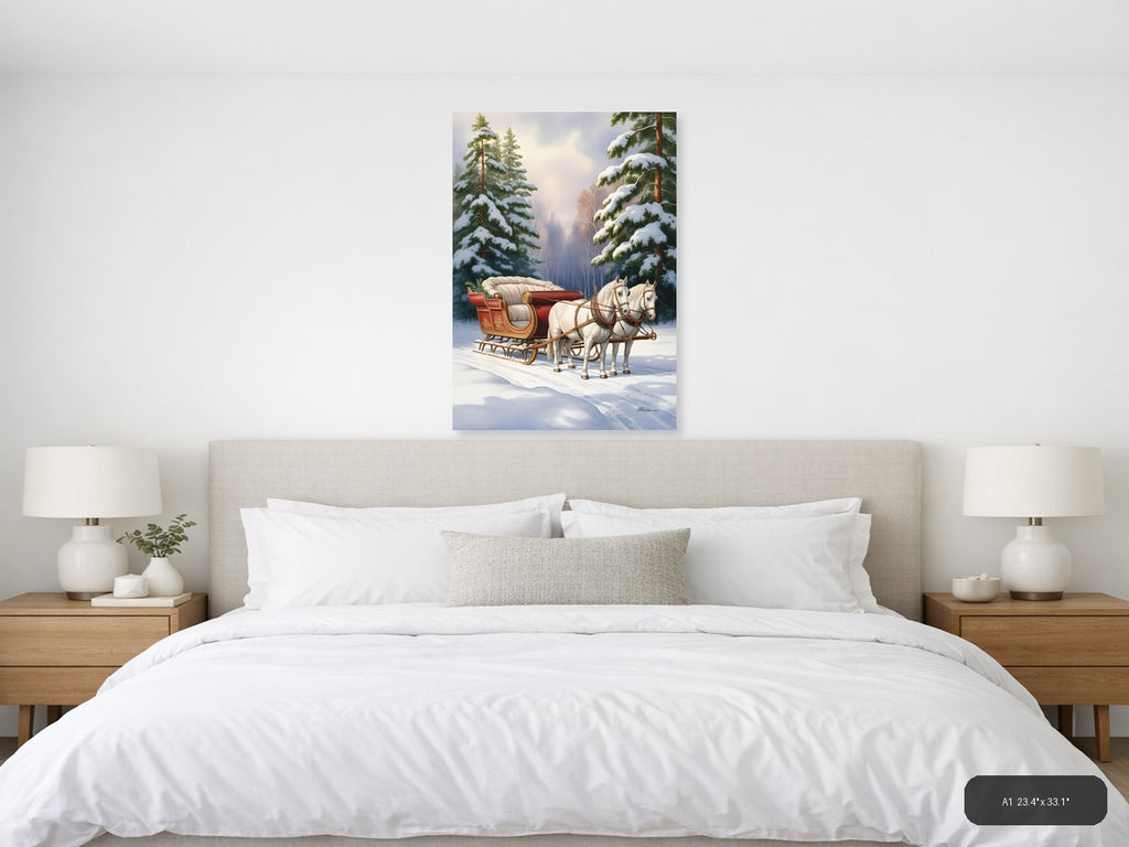 Winter Sleigh with White Horses Watercolor Wall Art — A1 / Bedroom