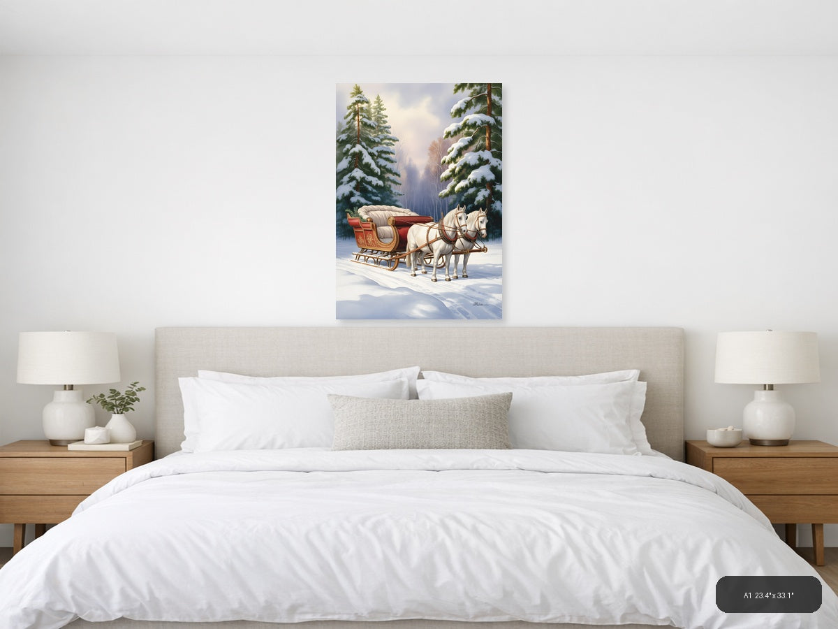 Winter Sleigh with White Horses Watercolor Wall Art — A1 / Bedroom