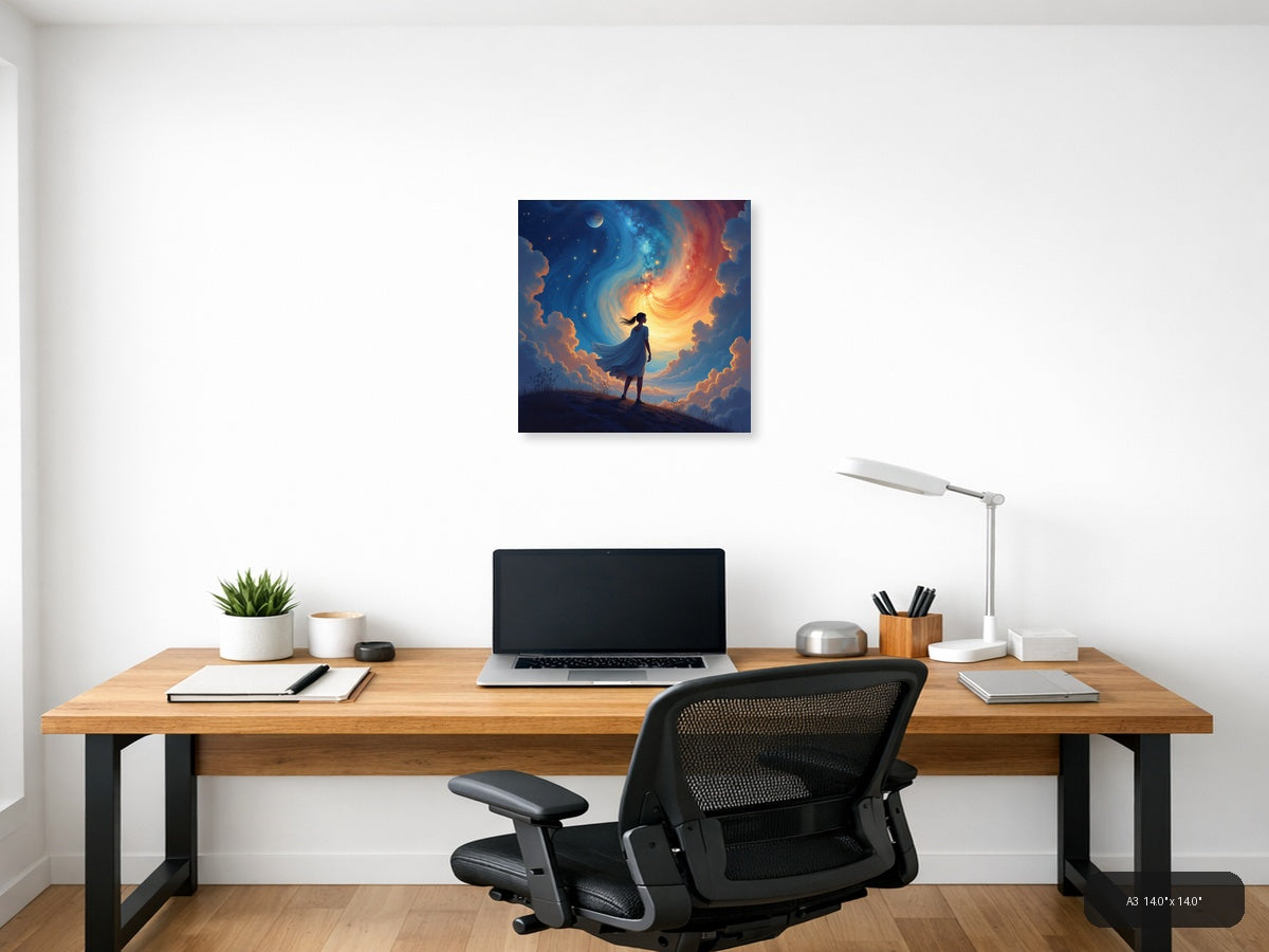 Woman Gazing at Cosmic Spiral Abstract Wall Art — A3 / Office
