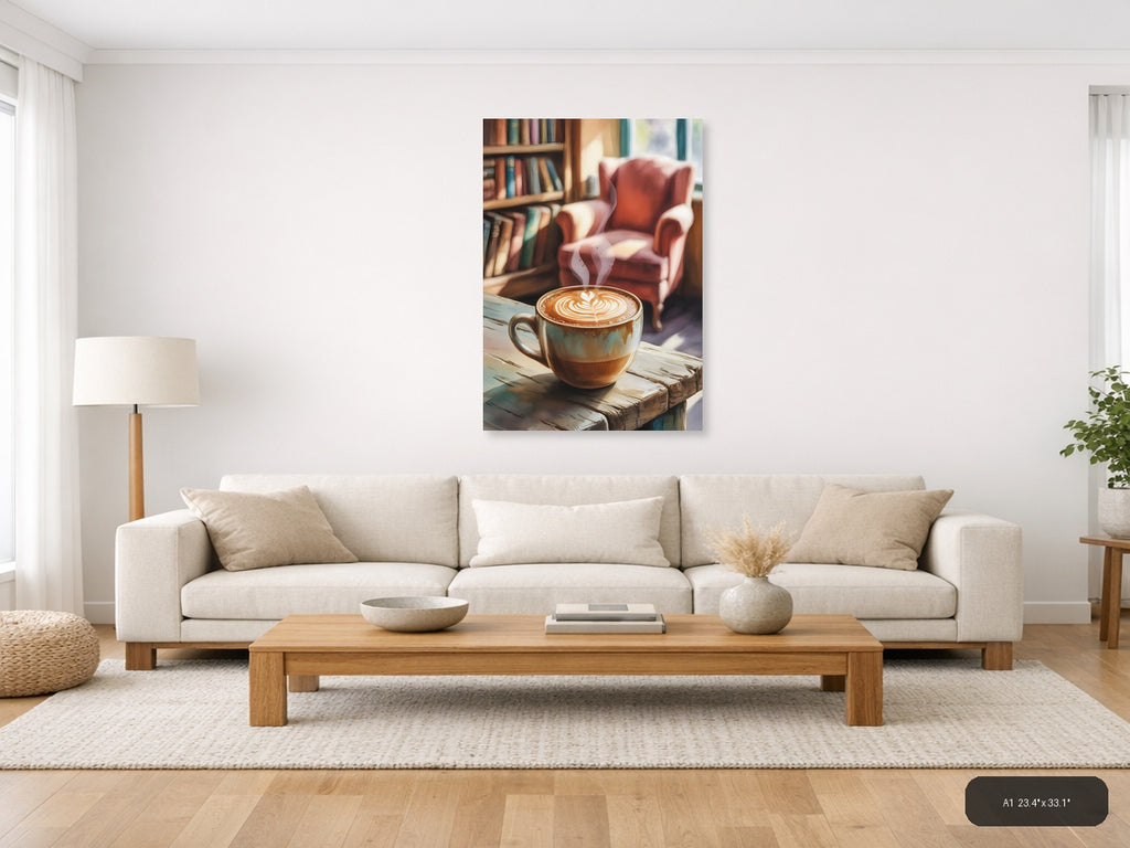 Cozy Library Latte Watercolor Wall Art — A1 / Living Room
