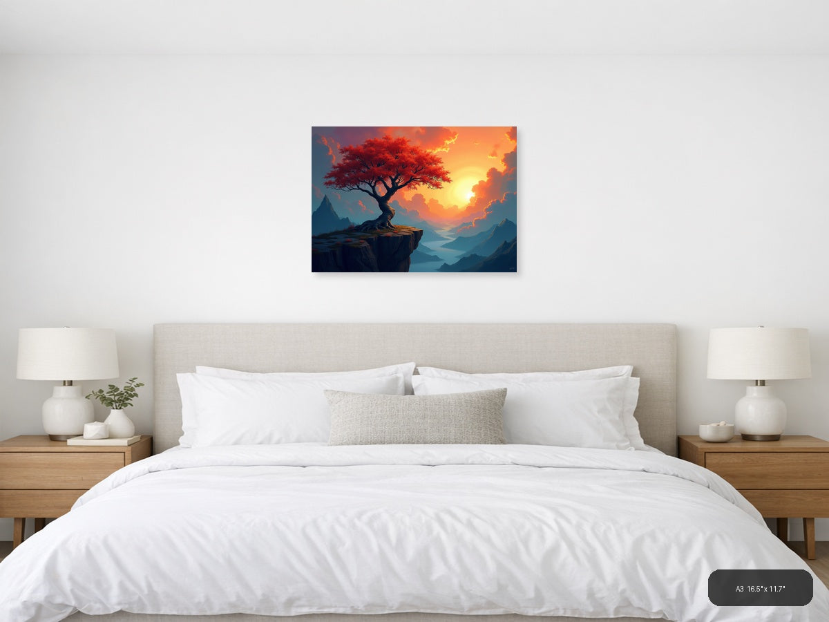 Crimson Tree Sunset Mountain Landscape Abstract Wall Art — A3 / Bedroom