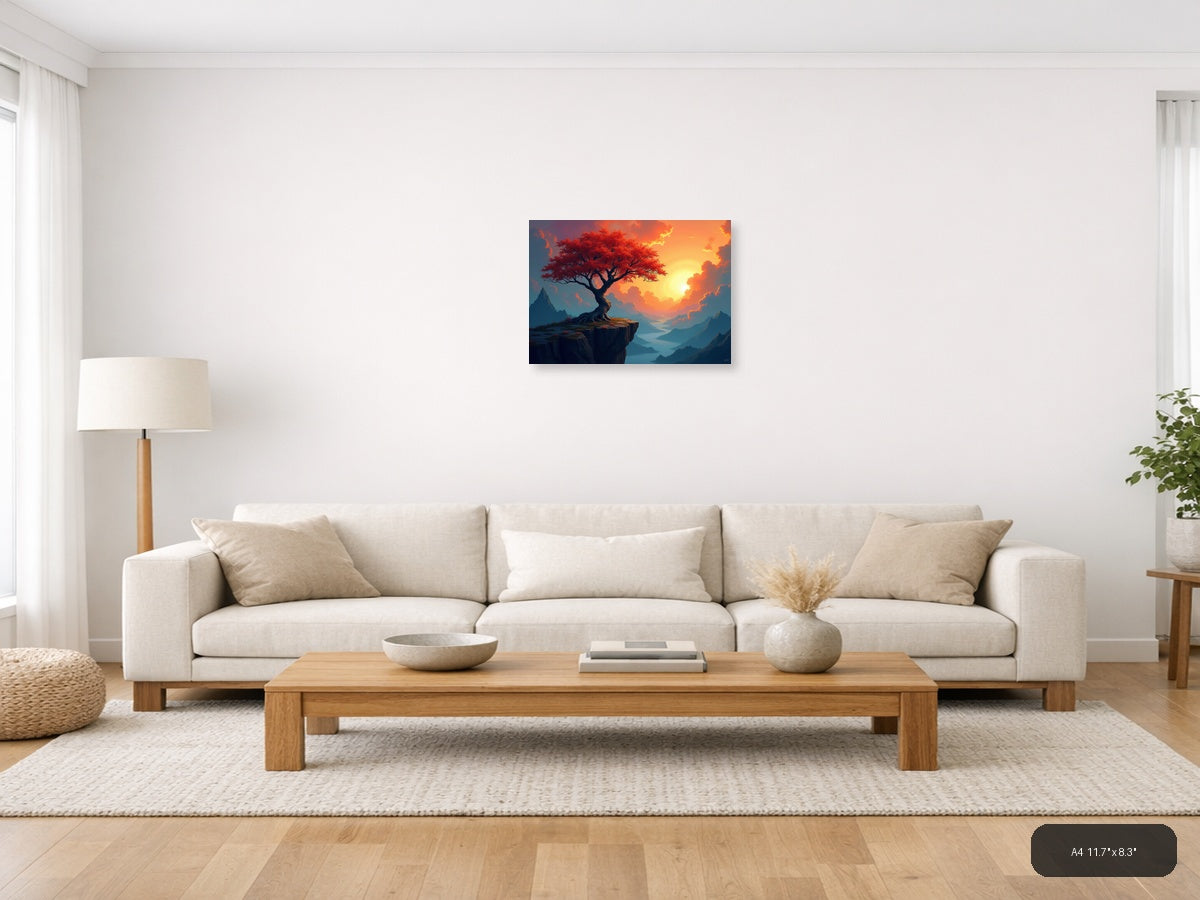 Crimson Tree Sunset Mountain Landscape Abstract Wall Art — A4 / Living Room