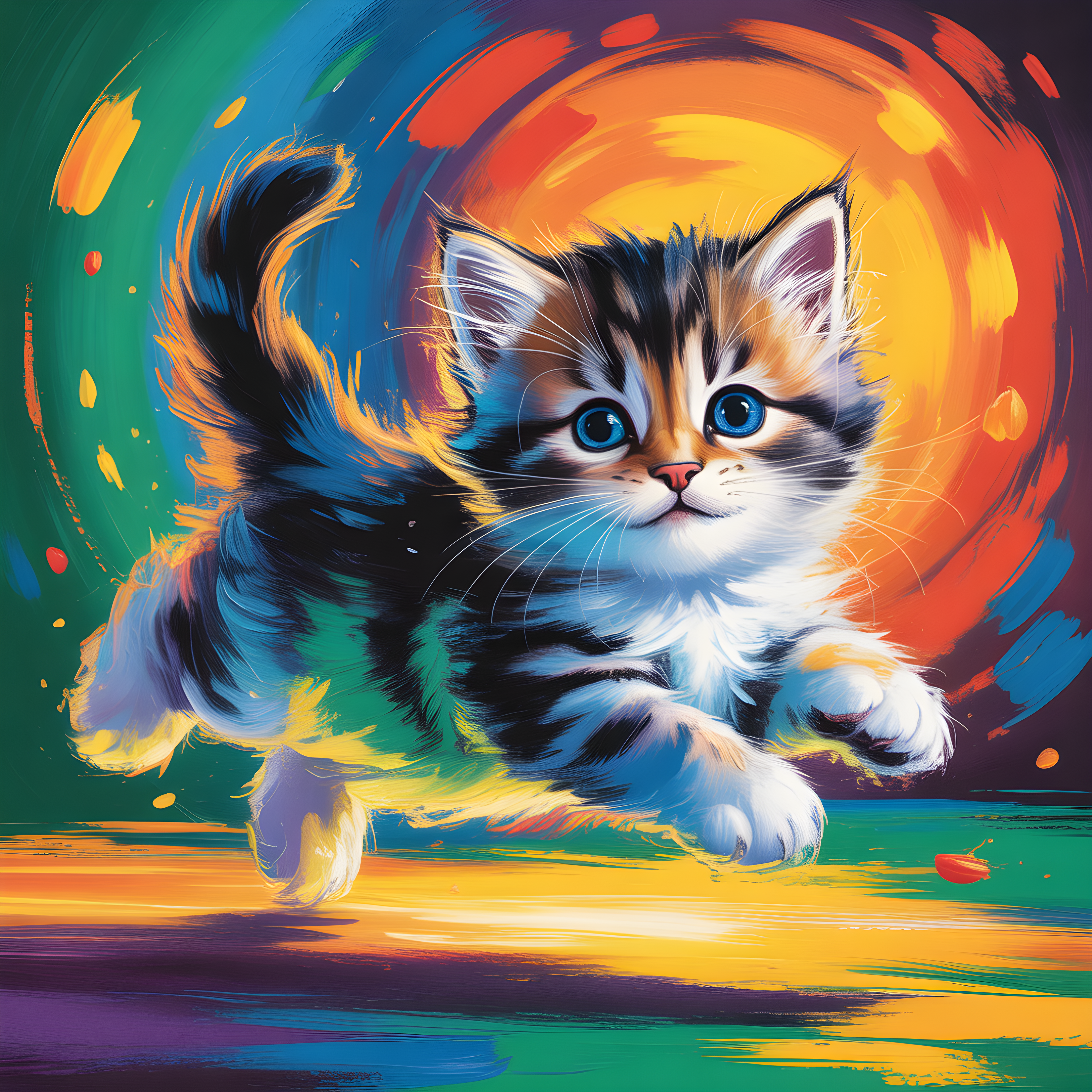 Colorful Abstract Kitten with Blue Eyes Wall Art