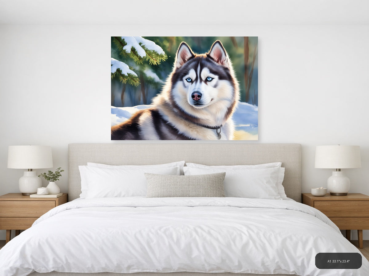 Siberian Husky Blue Eyes Winter Forest Watercolor Wall Art — A1 / Bedroom