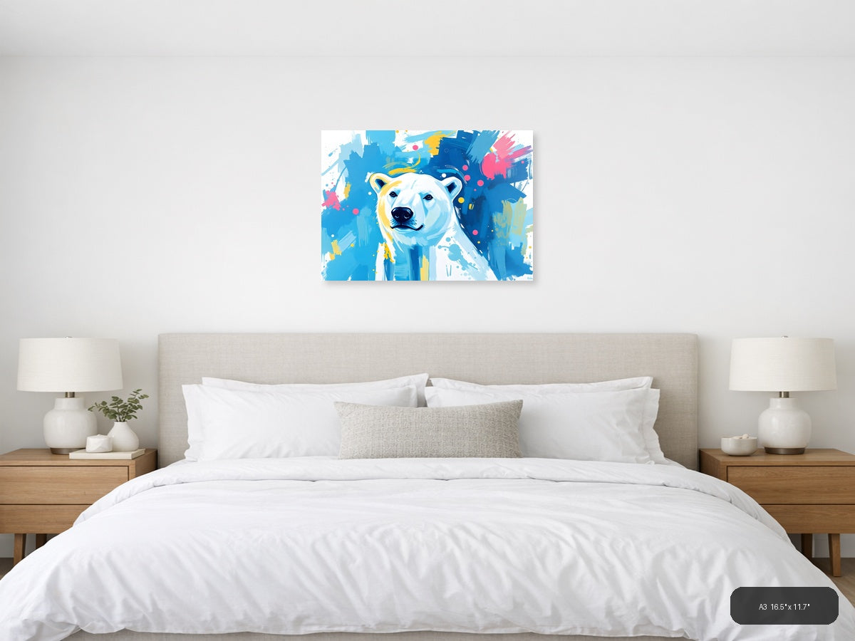 Abstract Polar Bear Portrait Blue Yellow Wall Art — A3 / Bedroom