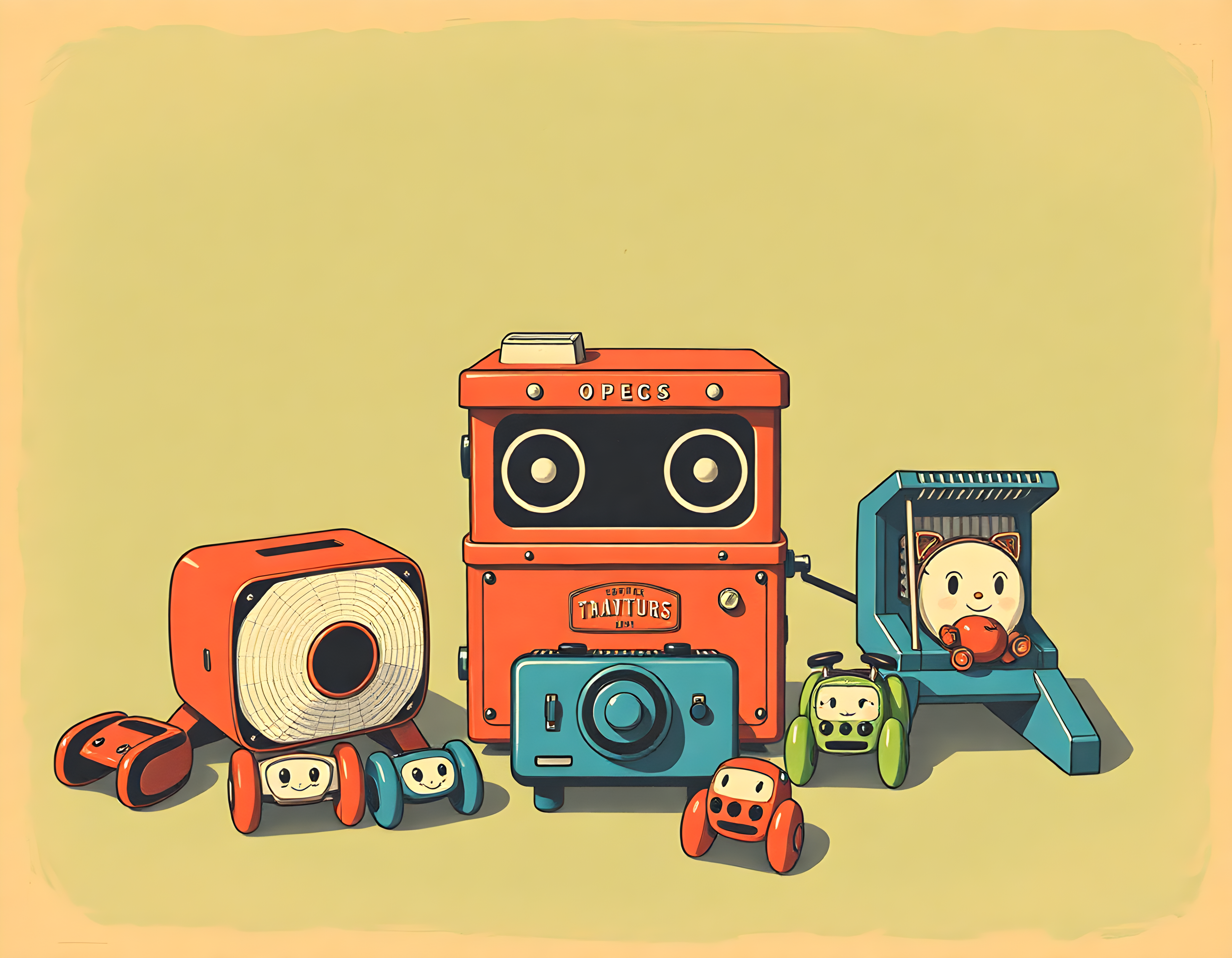 Vintage Robot Toys & Cameras Illustration Wall Art