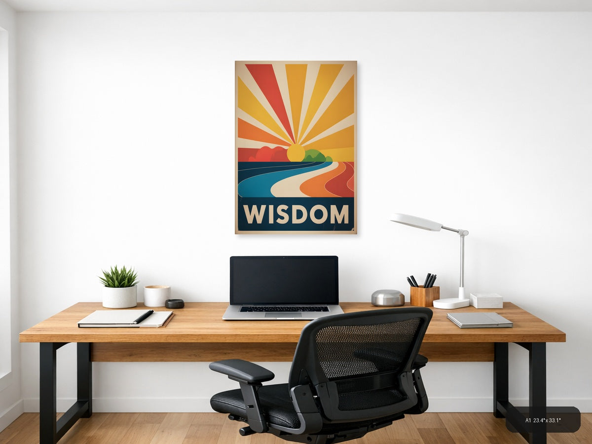 Vintage Sunrise Landscape with Wisdom Text Wall Art — A1 / Office