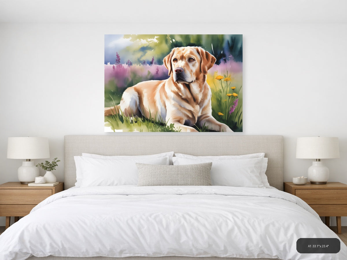 Golden Labrador in Wildflower Meadow Watercolor Wall Art — A1 / Bedroom