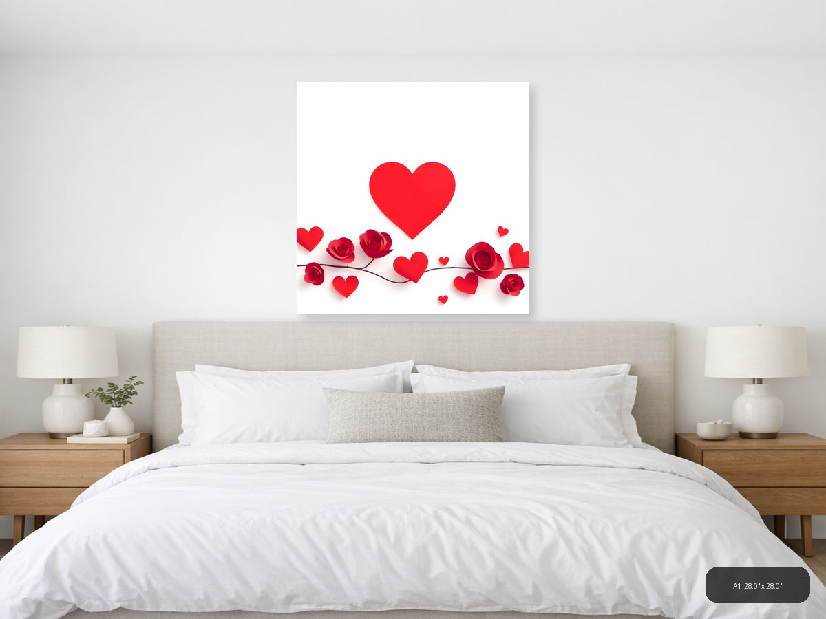 Minimalist Red Hearts and Roses Floral Wall Art — A1 / Bedroom