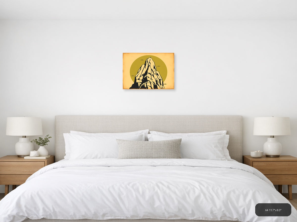 Vintage Mountain Peak Against Gold Sky Wall Art — A4 / Bedroom
