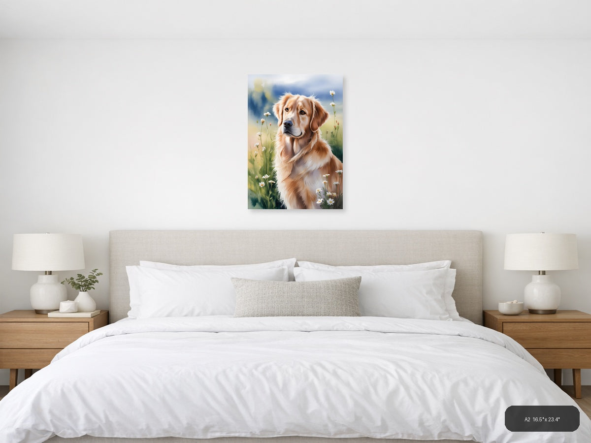 Golden Retriever in Wildflower Meadow Watercolor Wall Art — A2 / Bedroom