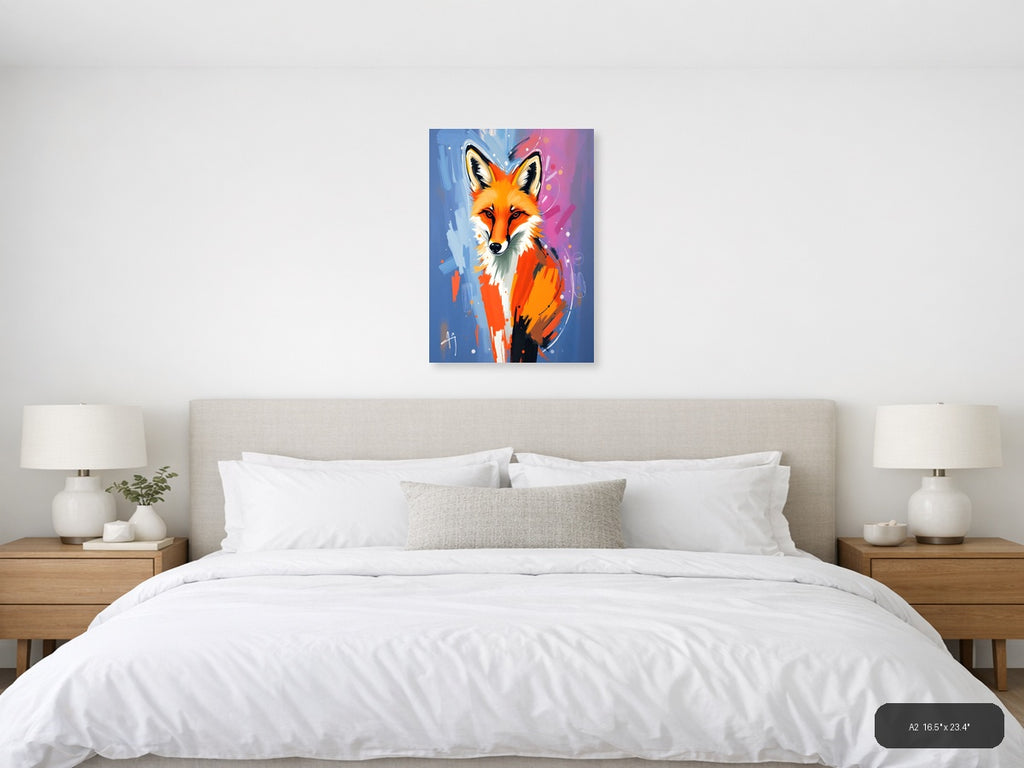 Abstract Fox Portrait: Vibrant Orange & Blue Wall Art — A2 / Bedroom