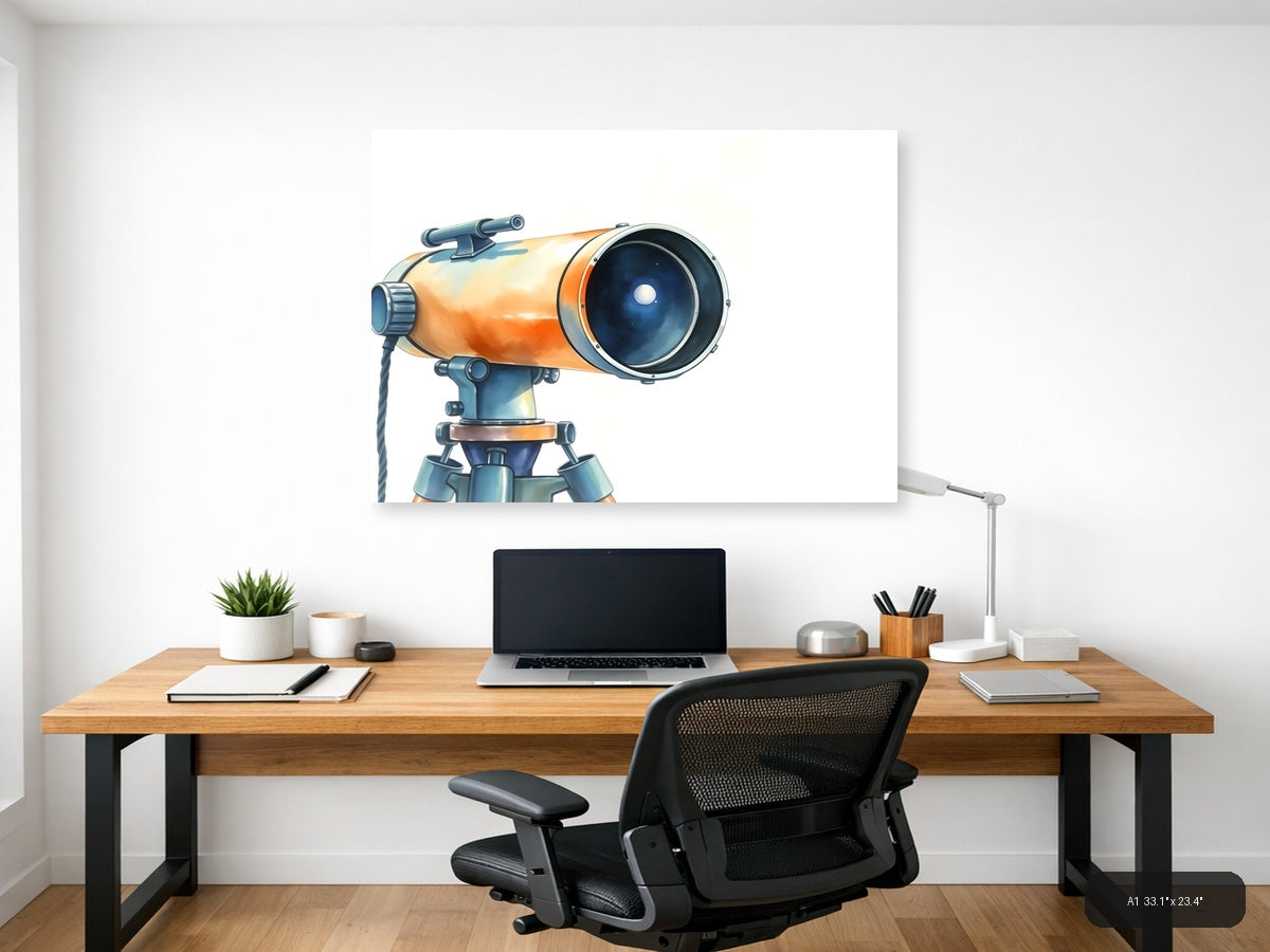Vintage Telescope Watercolor Illustration Wall Art — A1 / Office