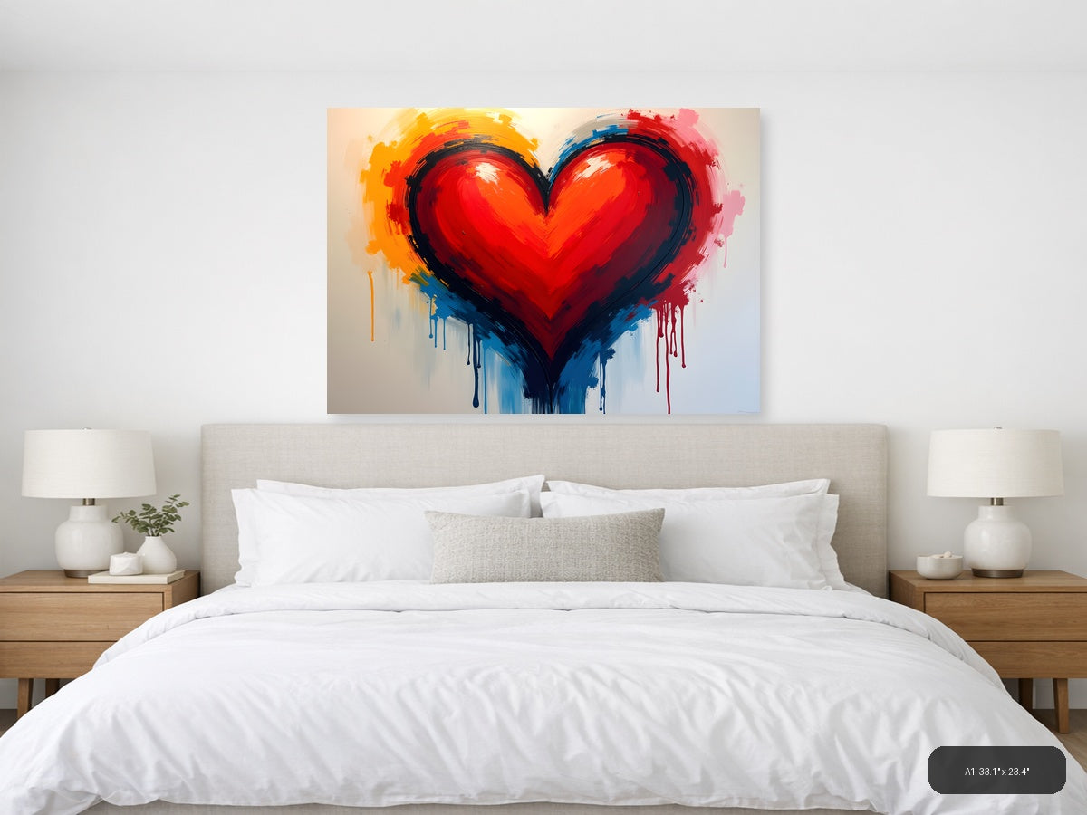 Abstract Red Heart with Colorful Drip Abstract Wall Art — A1 / Bedroom