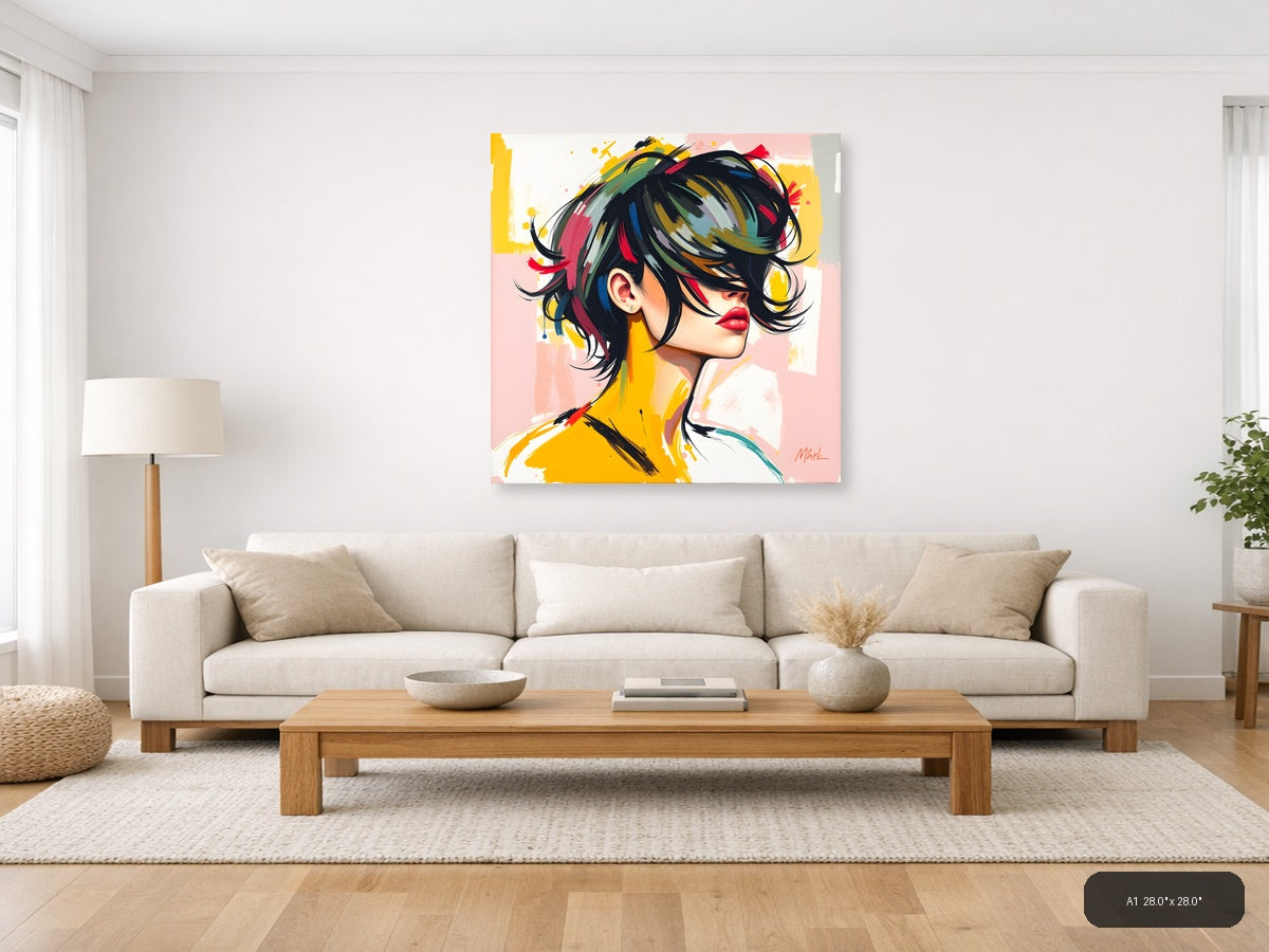 Colorful Abstract Portrait with Black Hair Wall Art — A1 / Living Room