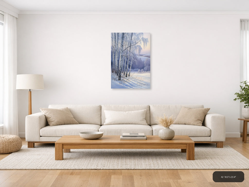 Frozen Birch Trees by Winter Lake Watercolor Wall Art — A2 / Living Room