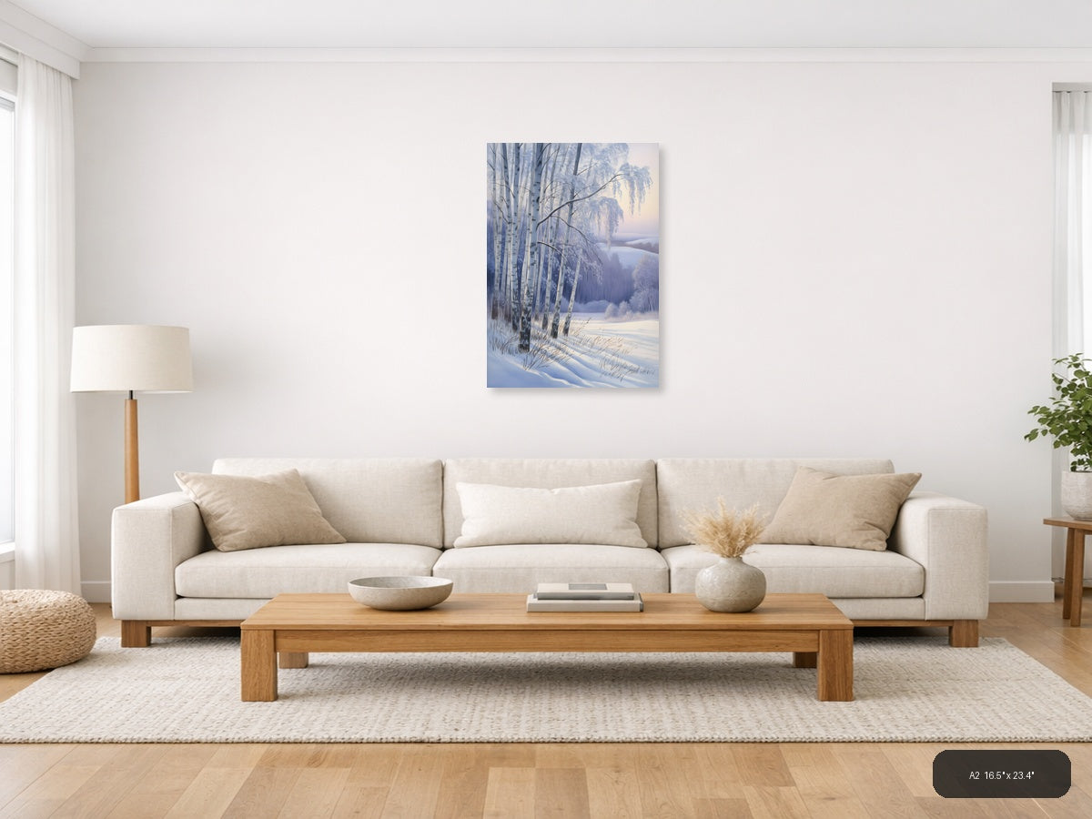 Frozen Birch Trees by Winter Lake Watercolor Wall Art — A2 / Living Room