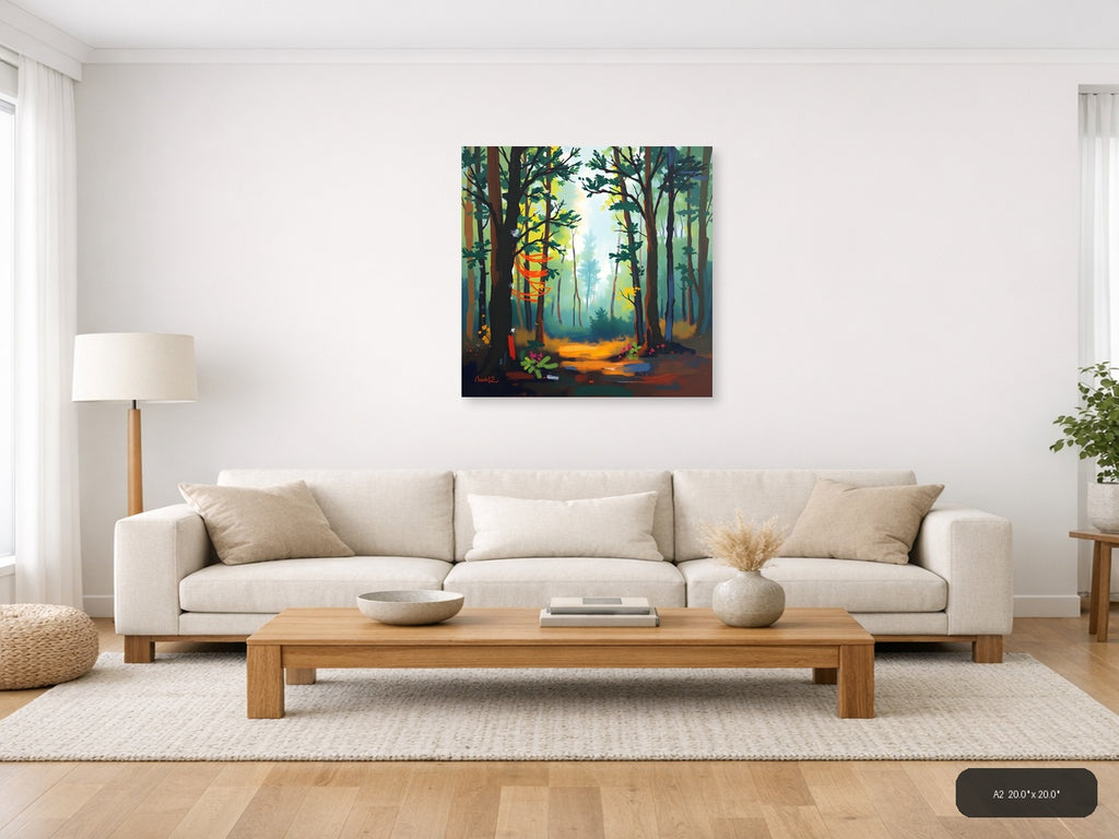 Abstract Forest Path with Orange Light - Modern Wall Art — A2 / Living Room