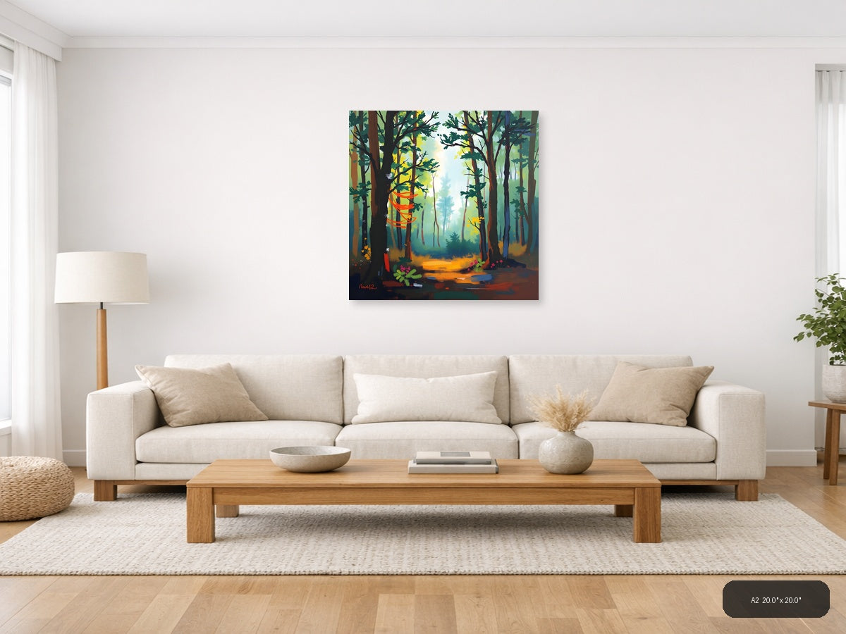 Abstract Forest Path with Orange Light - Modern Wall Art — A2 / Living Room